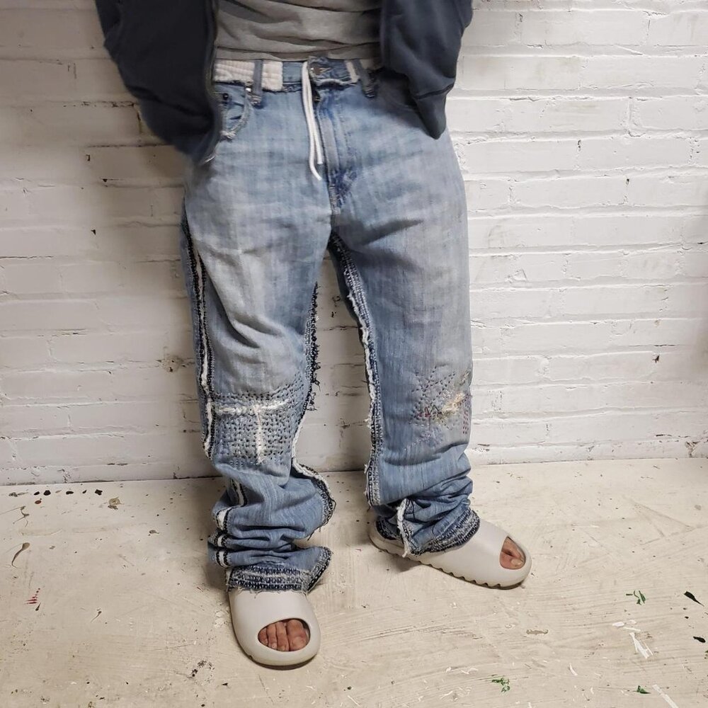 mens custom Shashiko stitched baggy designer jeans size 36